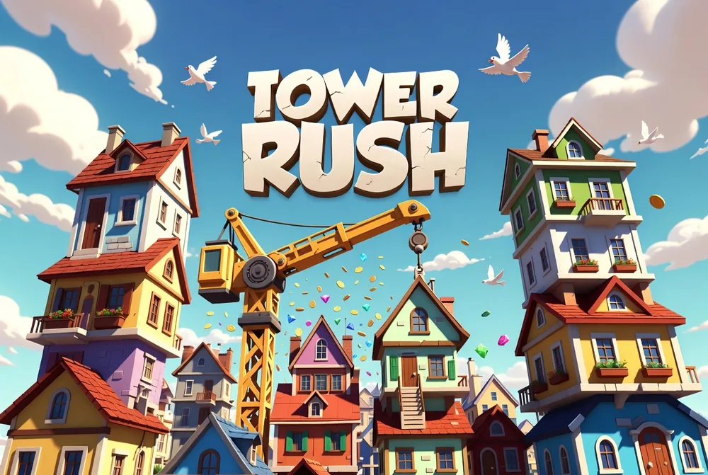 Tower Rush real money play — coins stacking beside the rising tower