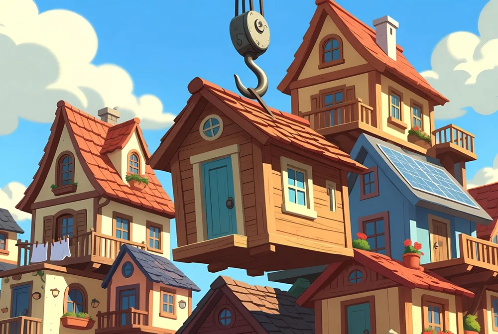 Tower Rush login concept — the crane hook lowering a floor onto the tower